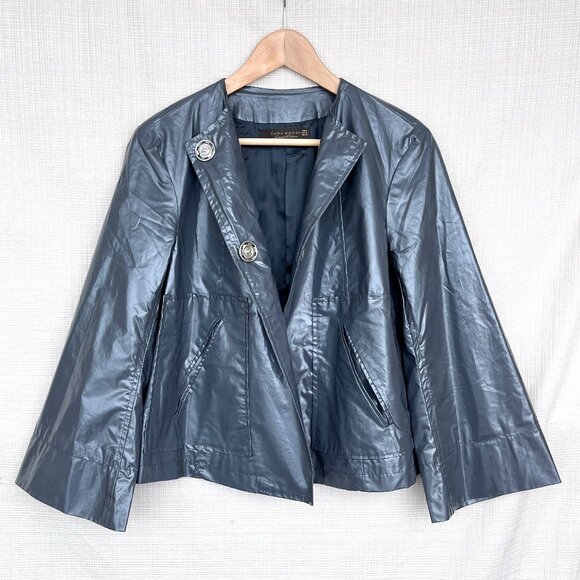 Zara Short Water Repellent Trench Coat Collarless Cropped Front Pockets - Picture 9 of 16